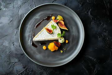 Brie cheese served with fig fruits and honey on gray plate. Top view. An exquisite haute cuisine dish for gourmet meals, menus or culinary blogs

