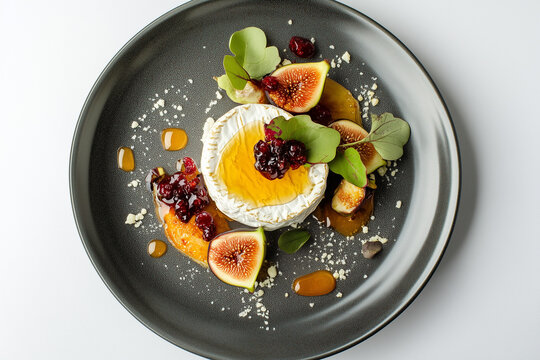 Brie cheese served with fig fruits and honey on gray plate. Top view. An exquisite haute cuisine dish for gourmet meals, menus or culinary blogs

 - Powered by Adobe