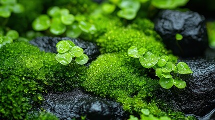 Lush green moss, plants, rocks, water droplets, terrarium, nature background, garden design