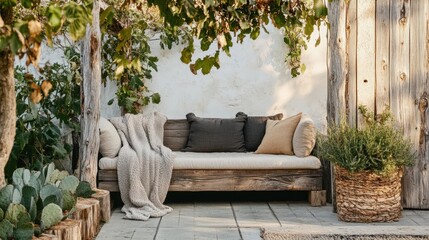 A wooden bench with a beige cushion and three pillows sits in a garden, accompanied by a potted plant and a tree.