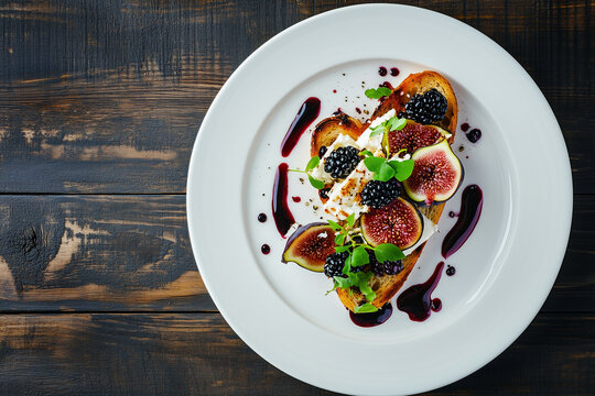 Figs cut in half and Dorblu cheese with microgreens and edible flowers, served on a white plate, top view