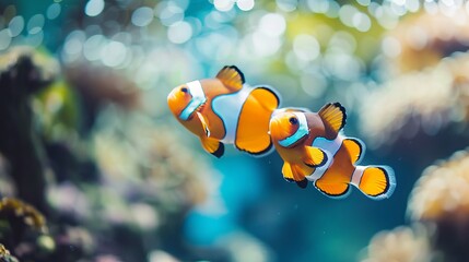 Two colorful clownfish swim happily in their clear tank, making the ocean world come alive.