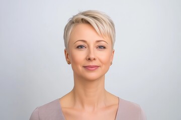 Confident middle-aged woman in a beige top looking at the camera