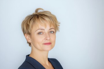 Professional middle-aged woman with short blonde hair in a navy blazer
