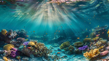Underwater world of the Red Sea, with colorful coral reefs, small fish and sunbeams streaming through the water.