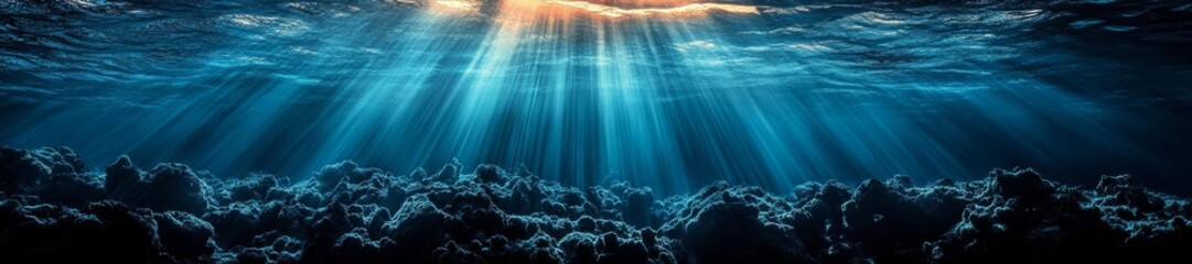 Obraz premium Peaceful Underwater Landscape with Rays of Sunlight Piercing Through the Water. Generative AI