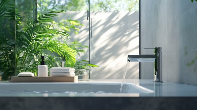 Modern Bathroom Design Luxurious Spa Relaxation Tranquil Green Plants Chrome Faucet Water Flowing Serene Atmosphere Clean Minimalist Style Interior   