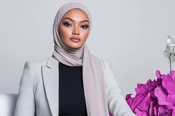 Stylish Muslim businesswoman in a gray blazer and hijab standing near flowers