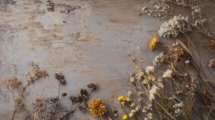 Obraz premium The image depicts an arrangement of dried flowers on a weathered wooden surface. The flowers include various colors and types, emphasizing natural elegance.