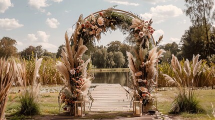Unique and stylish arch decorated in the boho chic style for your wedding ceremony.