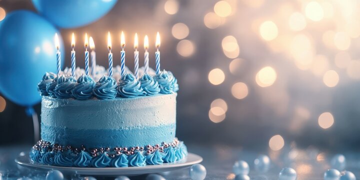 Birthday celebration with a blue frosted cake and glowing candles set against a festive background
