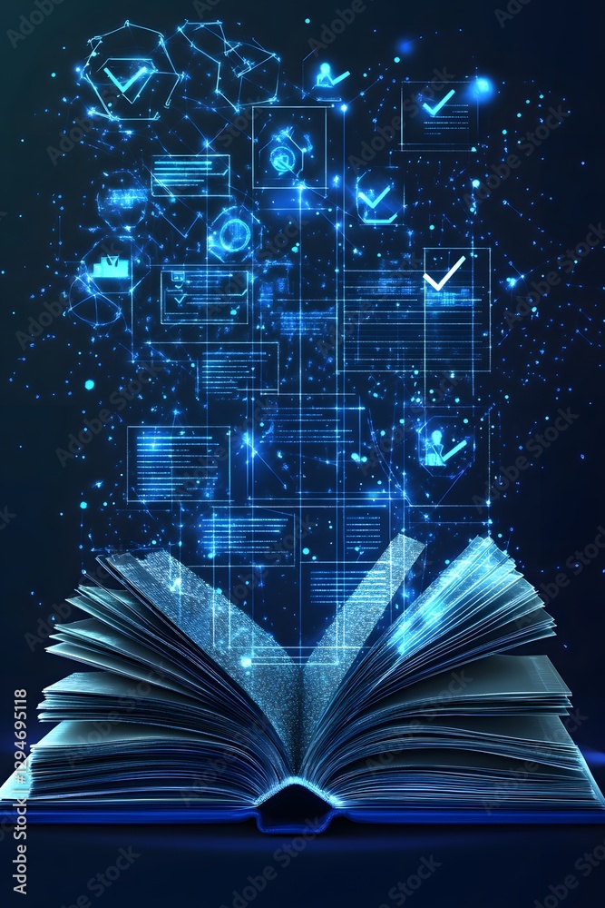 Fototapete Open Book with Glowing Digital Data and Checkmarks