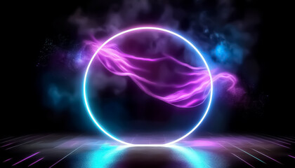 Vibrant Neon Circle with Flowing Fabric and Colorful Smoke