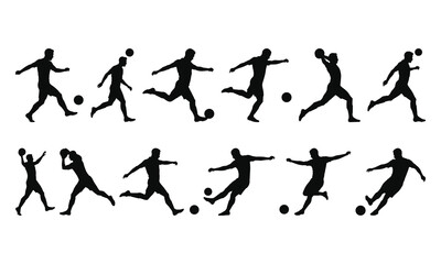 Set of silhouettes soccer player, football player vector illustration, balck colour, minimalist design, isolated on a white background