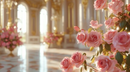 Pink roses are in a room with gold and white walls. Luxury palace interior in the heart of the city. Pink flowers with a pink background. Pink roses are placed in a room featuring gold and lifestyle.