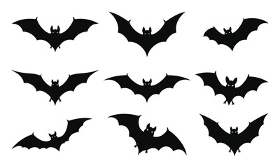Set of silhouettes halloween bats collection, horror bat vector illustration, balck colour, minimalist design, isolated on a white background