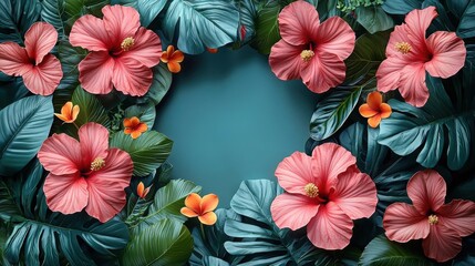 Obraz premium A vibrant arrangement of hibiscus flowers and tropical leaves, creating a lively and cheerful background. Perfect for summer themes.