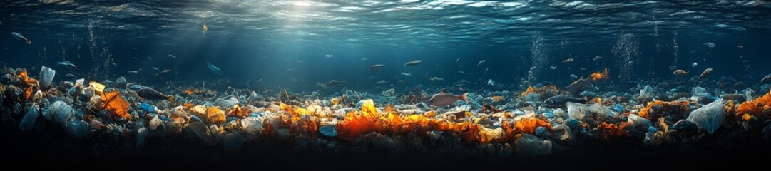 Fototapeta premium Polluted Ocean with Trash Fish Swimming Amongst Plastic Waste. Generative AI
