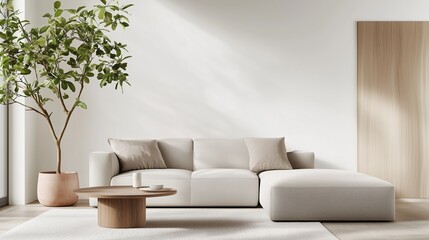 Serene Living Room: Contemporary living room design featuring a neutral-toned sofa, natural wooden accents, and a vibrant indoor plant. Minimalist, modern, and inviting.