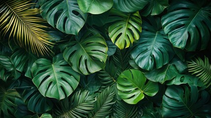 Naklejka premium This image showcases a variety of lush green leaves, featuring tropical patterns and textures, creating a vibrant natural background.