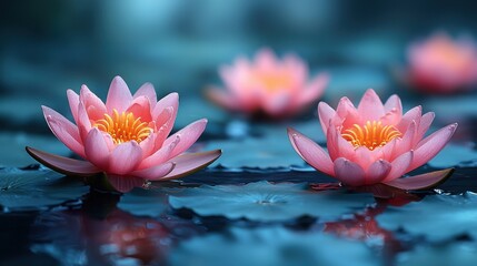 This image shows delicate pink water lilies floating on a tranquil pond, surrounded by green leaves, in a serene and calming environment.