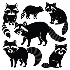 Playful Raccoons in Black and White Silhouette Clipart  Vector Collection set 
