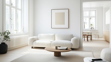 Serene Living Room: A bright and airy living room featuring a stylish couch, a round wooden coffee table, and large windows, creating a minimalist yet inviting atmosphere.