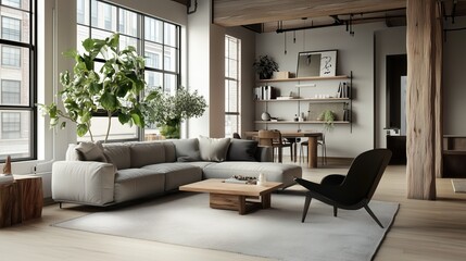 Fototapeta premium Urban Oasis: Light-filled living room with large windows, modern furniture, plants, and hardwood floors creating a serene and stylish space.