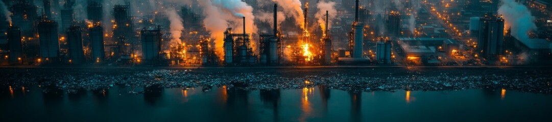 Obraz premium Toxic industrial factory emitting fumes and chemicals near a river. Generative AI