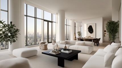 Fototapeta premium Modern Luxury Apartment Interior: A breathtaking view through expansive windows illuminates an elegant, contemporary apartment interior, showcasing sophisticated design and luxurious comfort. 