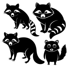 Playful Raccoons in Black and White Silhouette Clipart  Vector Collection set 