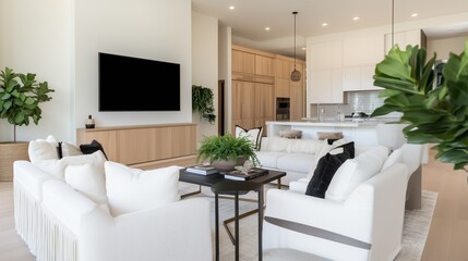 Fototapeta premium Modern Living: A stylish, bright living room with a minimalist aesthetic. The space is furnished with a plush sectional sofa and a modern television on the wall.