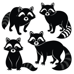Fototapeta premium Playful Raccoons in Black and White Silhouette Clipart Vector Collection set 