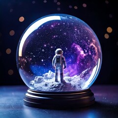 A lone astronaut stands on a miniature moon inside a glass sphere, gazing at a vibra