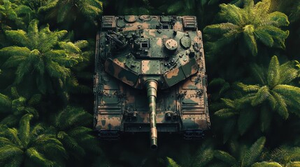 Military tank nestled in lush green foliage, aerial view