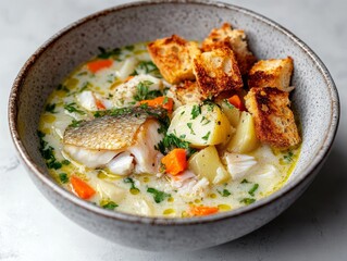 Close-up of fish soup with rice, carrots, potatoes and fresh herbs. Fish soup in a bowl with crispy croutons.