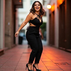 Fototapeta premium Cheerful latin female model in black stylish wear