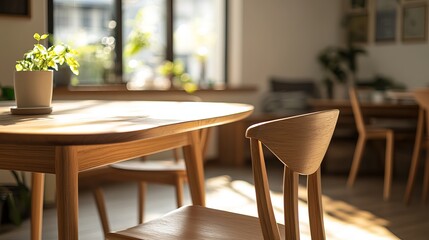 Fototapeta premium Sunny Modern Wooden Dining Table and Chairs Interior Design Light Warm Home Decor Elegant Scandinavian Style Room Apartment Cozy Breakfast Sunlight 