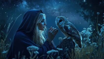 Obraz premium Blonde woman in a hooded cloak interacts with a barn owl under a starry night sky.
