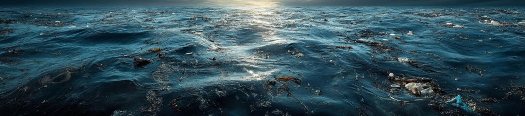 Fototapeta premium Plastic Waste and Oil in Ocean Water Marine Life Under Threat. Generative AI