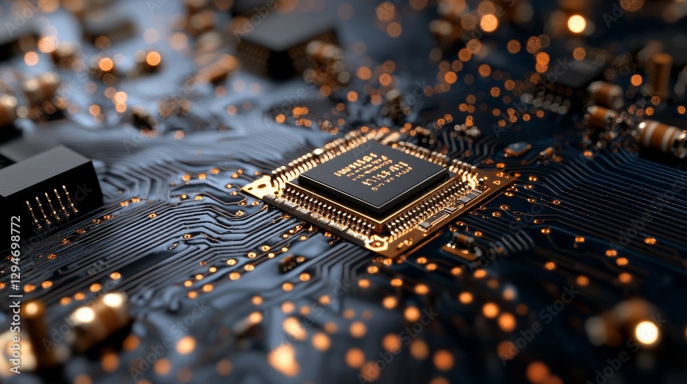 Poster modern chip gpu card featuring circuit blue neon lights, a concept cpu microchip for ai and data net