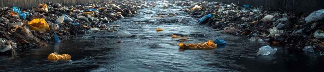 A river flowing through an industrial area filled with plastic waste and chemicals. Generative AI