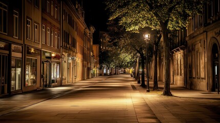 Quiet nighttime street with trees and warm lights