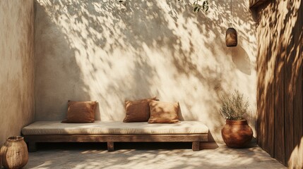 A serene outdoor seating area with a wooden bench, cushions, and a potted plant, all bathed in natural light.