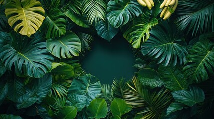 A vibrant arrangement of tropical leaves in various shades of green, creating a beautiful natural frame against a dark backdrop.