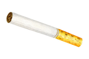 One cigarette, White classic with yellow filter. Drawn by grandma's watercolor. Smoking is bad. Motivation to quit smoking. For posters and protest design, for ecology and healthy lifestyle