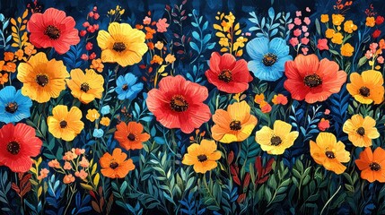A vibrant illustration featuring an array of colorful flowers, including red, blue, orange, and yellow blooms among green foliage.