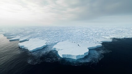 Majestic icebergs float in dark waters under a dramatic sky as they break apart, showcasing the beauty and vulnerability of Iceland's glacier landscape.
