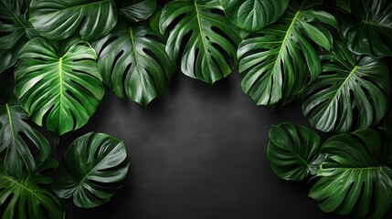 A close-up of lush green tropical leaves layered over a dark background, creating an exotic and vibrant atmosphere.