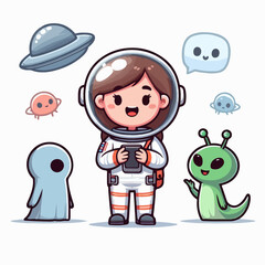 alien and astronaut cartoon vector illustration